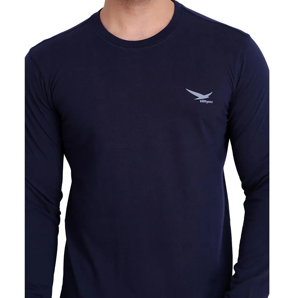 HiFlyers Men Round Neck Full Sleeve Solid Dark Blue Tshirt