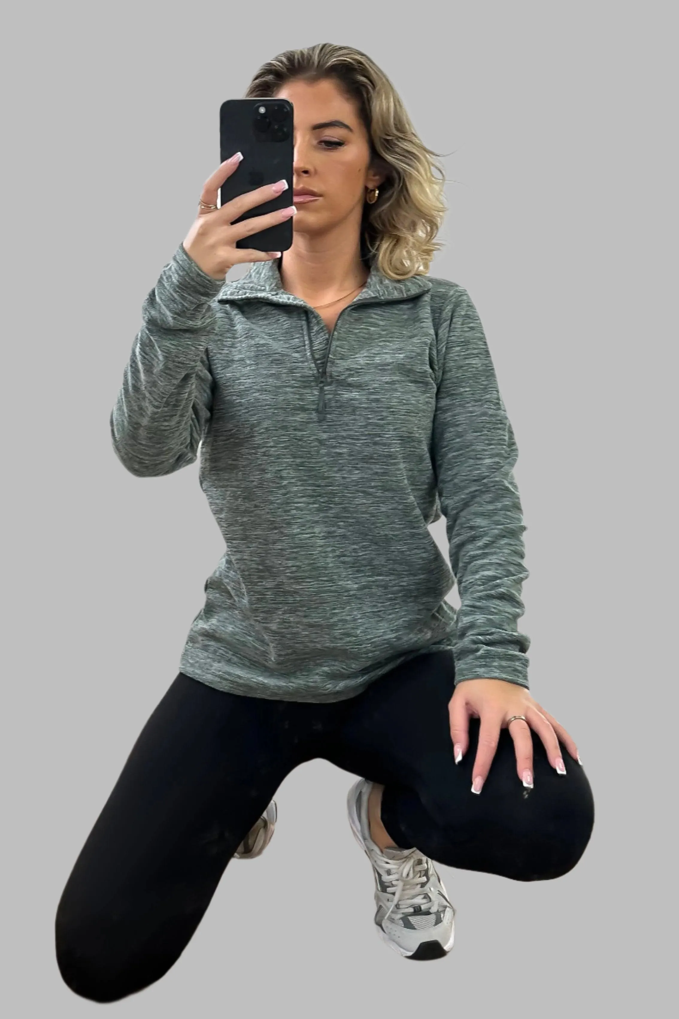 High Zipped Neck Melange Sportswear Top