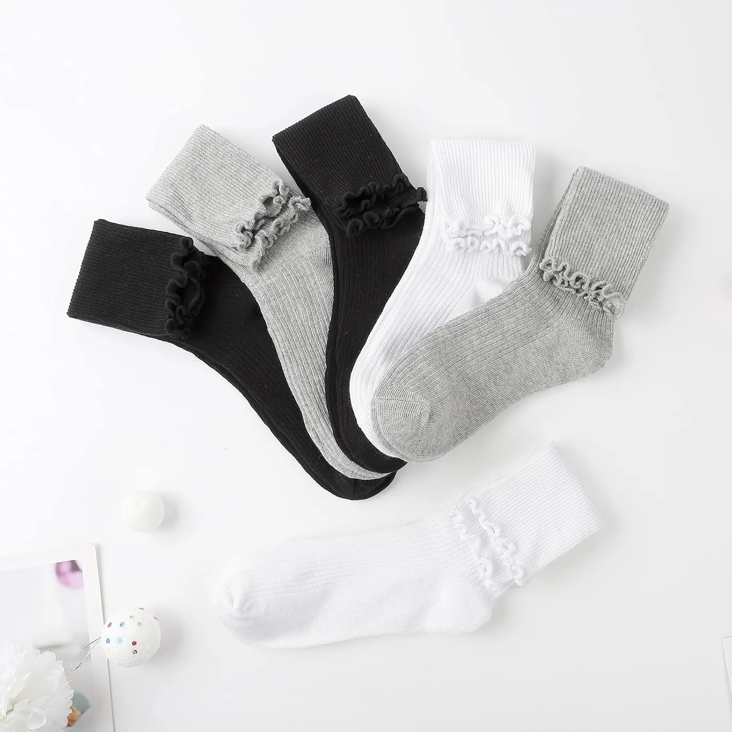 JOCMIC 6 Pairs Girls Ruffle Socks Seamless Ripple Turn Cuff Crew for Toddler Kids