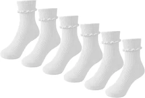 JOCMIC 6 Pairs Girls Ruffle Socks Seamless Ripple Turn Cuff Crew for Toddler Kids
