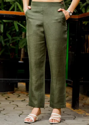 Luna - Ankle Length Pure Linen Trousers - Military Green