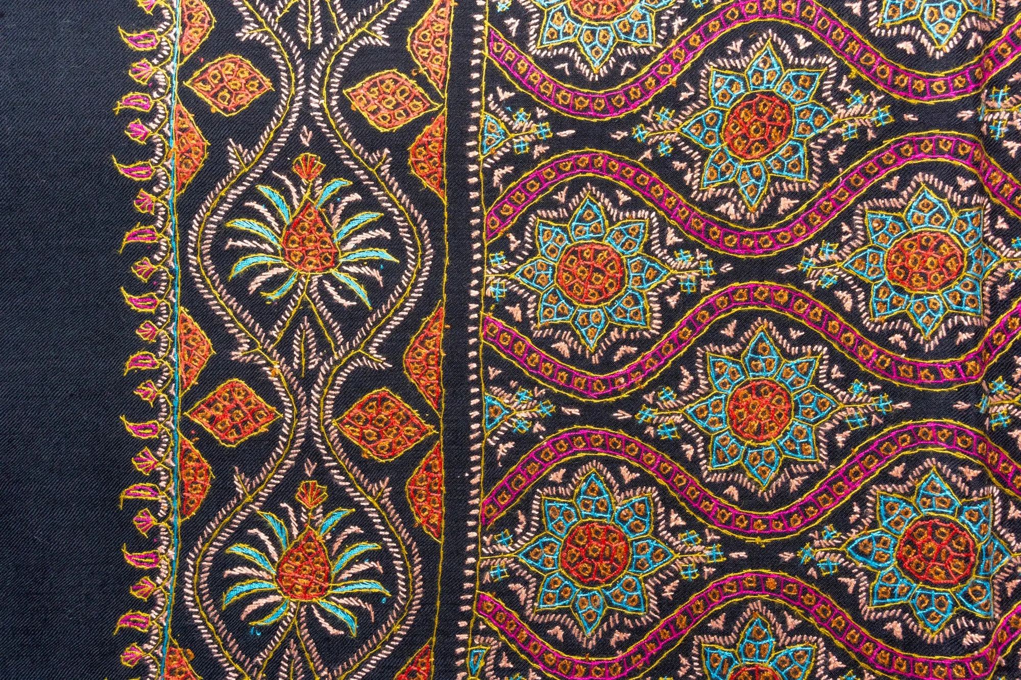 Majestic Medley Merino Wool Hand Embroidered Sozni Shawl
