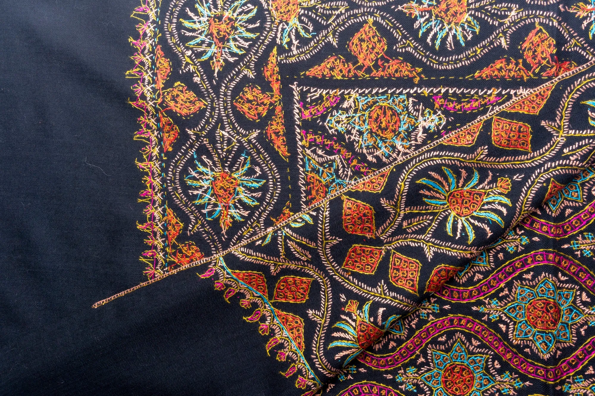 Majestic Medley Merino Wool Hand Embroidered Sozni Shawl