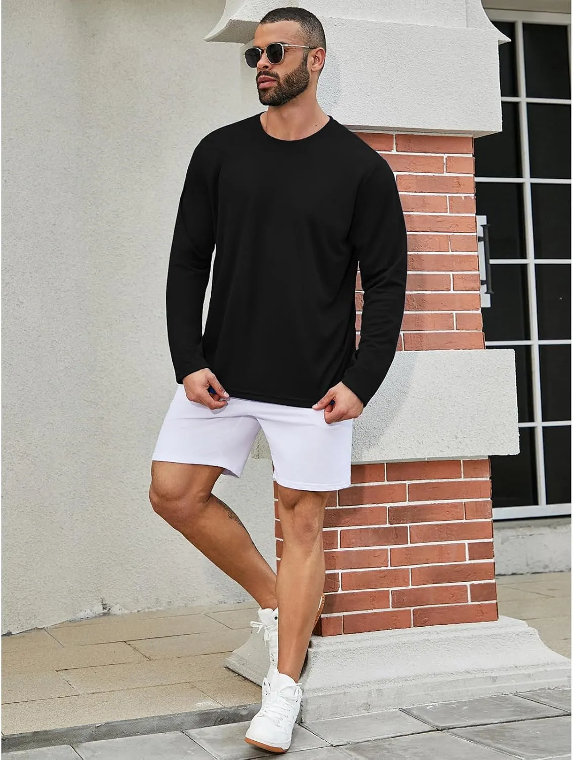Mens Long Sleeve Shirts Quick Dry Crew Neck Sun Protection Gym Workout Athletic T-Shirt