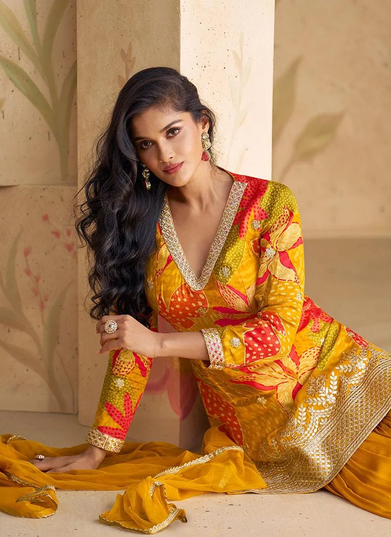 Mustard Yellow Floral Digital Printed Embroidered Top Sharara Suit