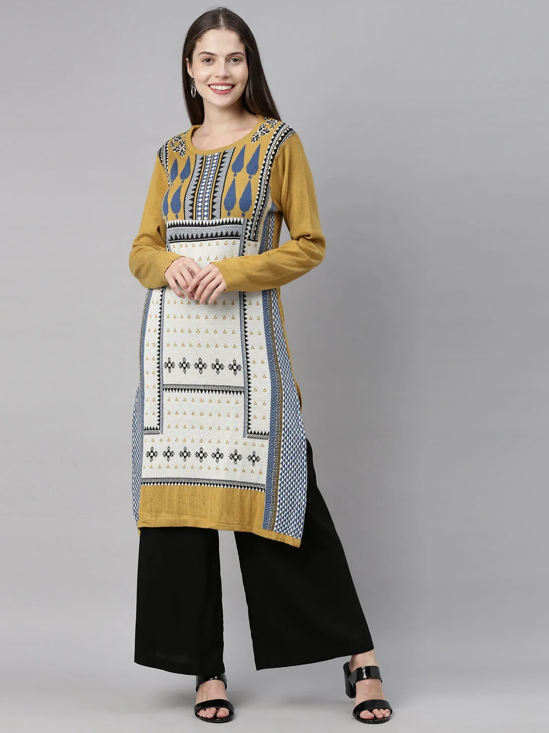 Neerus Women Mustard Yellow  Off White Geometric Printed Acrylic Knitted Kurta