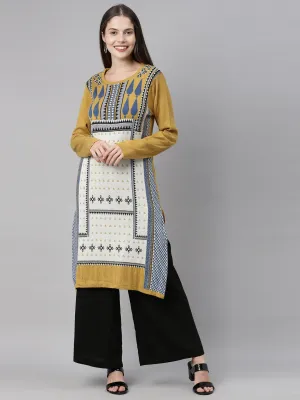 Neerus Women Mustard Yellow  Off White Geometric Printed Acrylic Knitted Kurta