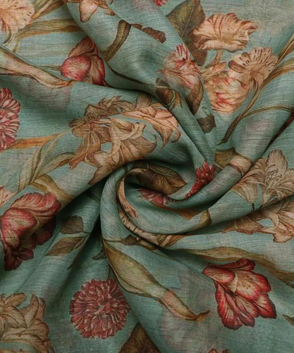 Olive Green Floral Print Chiffon Fabric