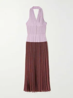 Paneled pleated voile halterneck midi dress