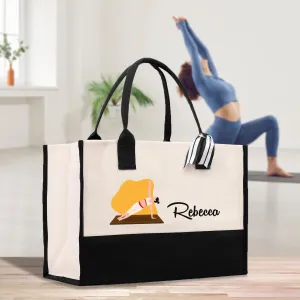 Personalized Women Yoga Cotton Canvas Tote Bag Custom Name Yoga Bag Gift for Her Yoga Lover Gift Pilates Bag Daily Shoulder Bag (YWT1001)