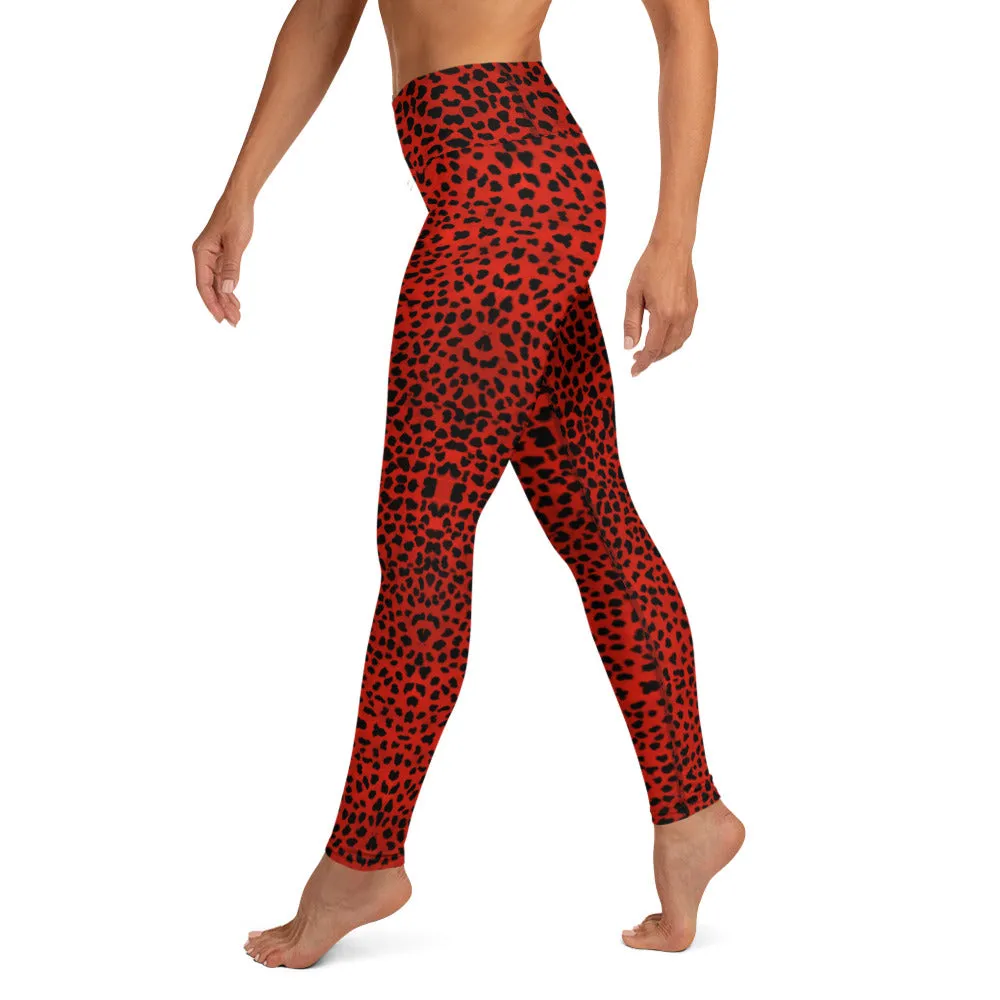 Red Cheetah Print Yoga Leggings, Leopard Animal Print Long Women's Gym Tights-Made in USA/EU/MX