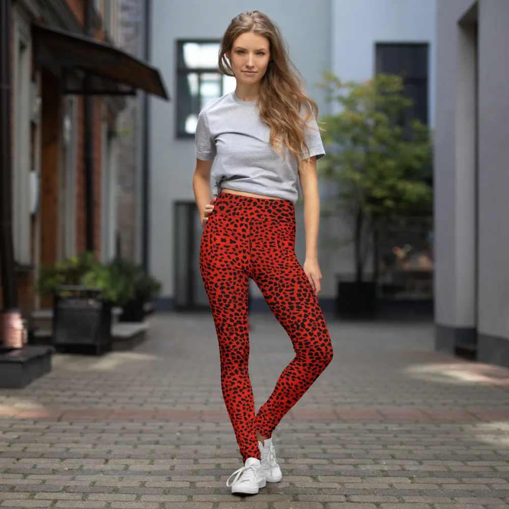 Red Cheetah Print Yoga Leggings, Leopard Animal Print Long Women's Gym Tights-Made in USA/EU/MX