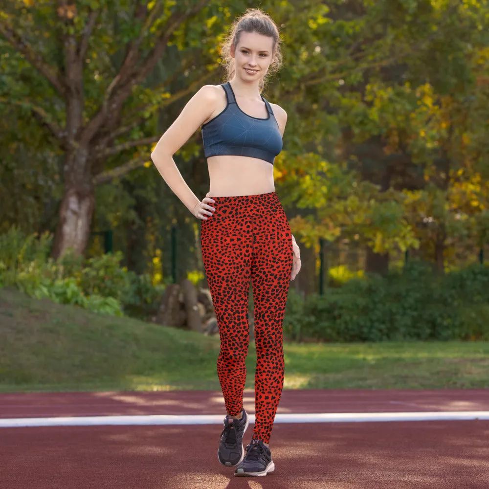 Red Cheetah Print Yoga Leggings, Leopard Animal Print Long Women's Gym Tights-Made in USA/EU/MX