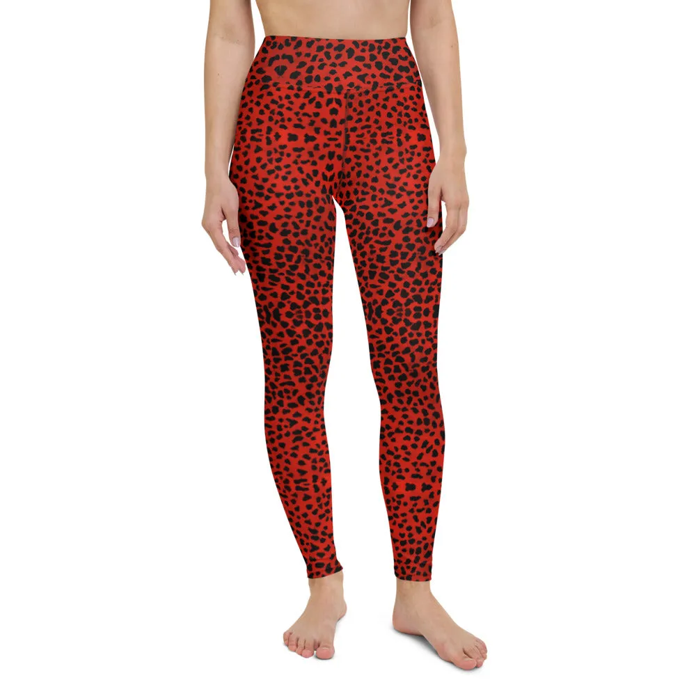 Red Cheetah Print Yoga Leggings, Leopard Animal Print Long Women's Gym Tights-Made in USA/EU/MX
