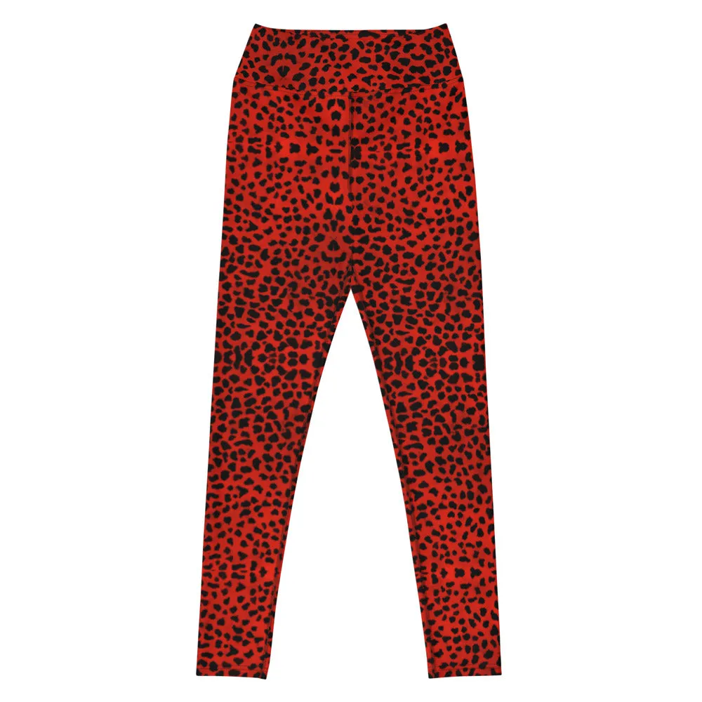 Red Cheetah Print Yoga Leggings, Leopard Animal Print Long Women's Gym Tights-Made in USA/EU/MX