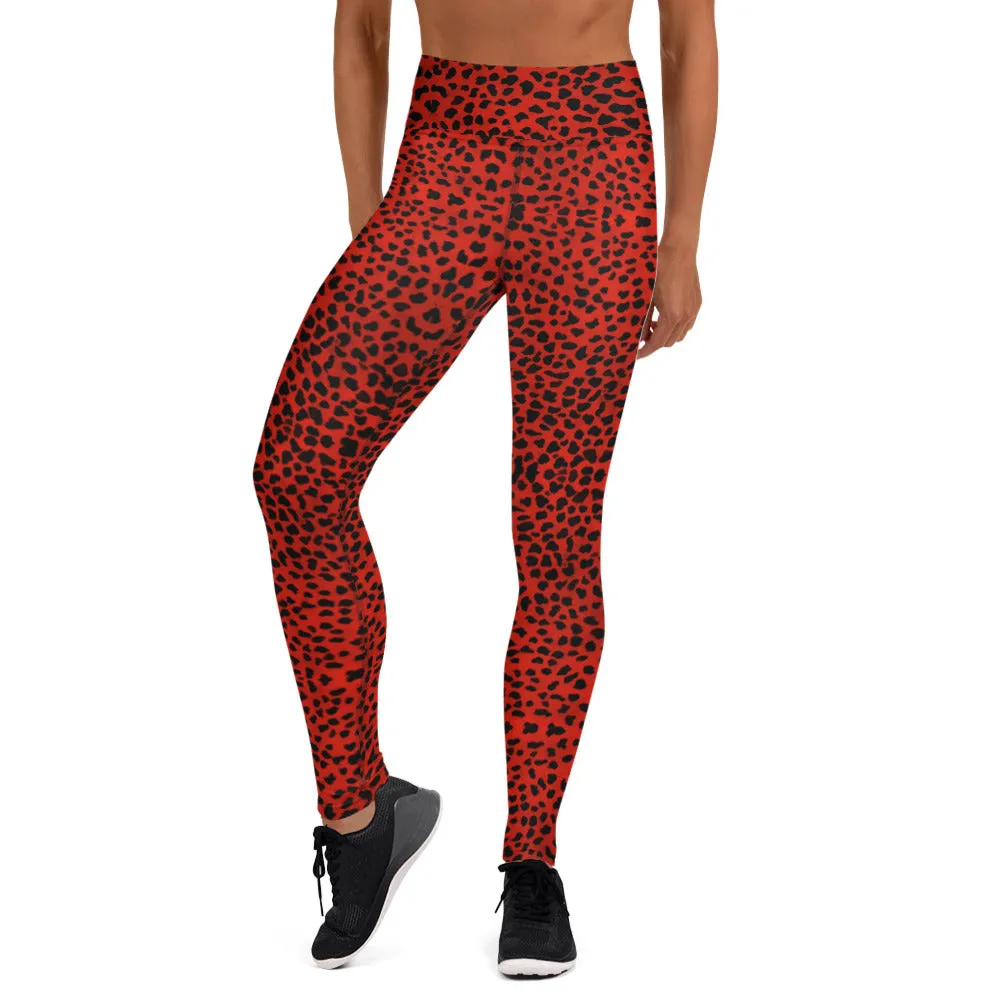 Red Cheetah Print Yoga Leggings, Leopard Animal Print Long Women's Gym Tights-Made in USA/EU/MX