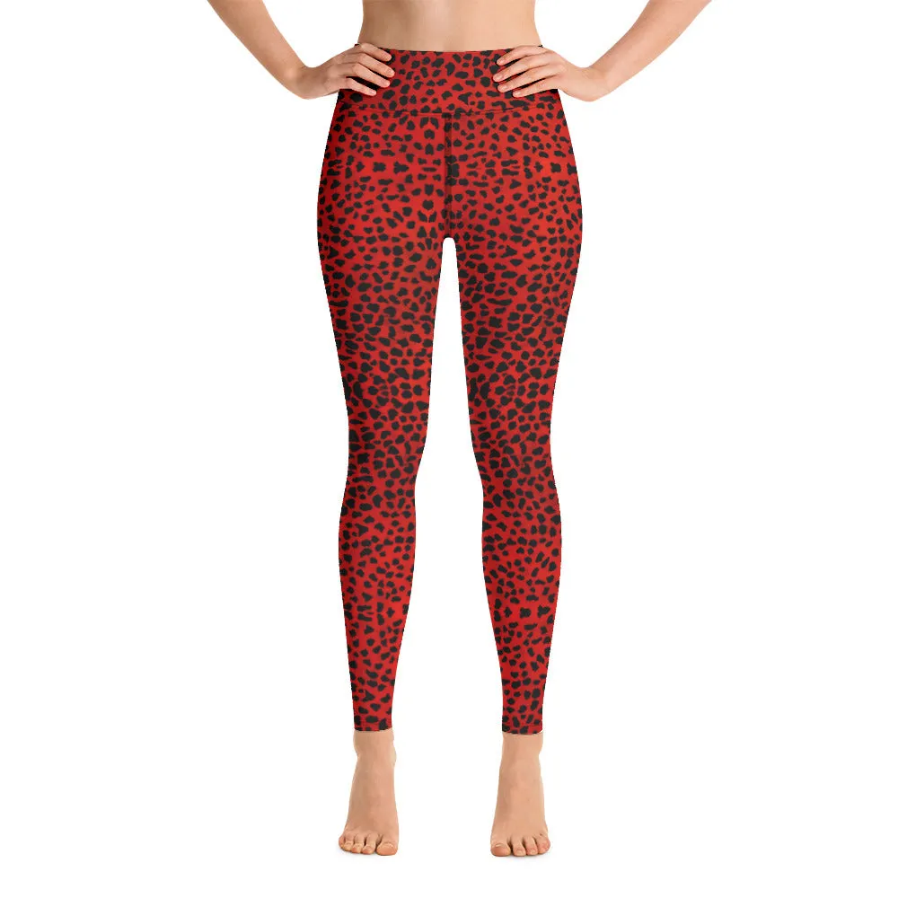 Red Cheetah Print Yoga Leggings, Leopard Animal Print Long Women's Gym Tights-Made in USA/EU/MX