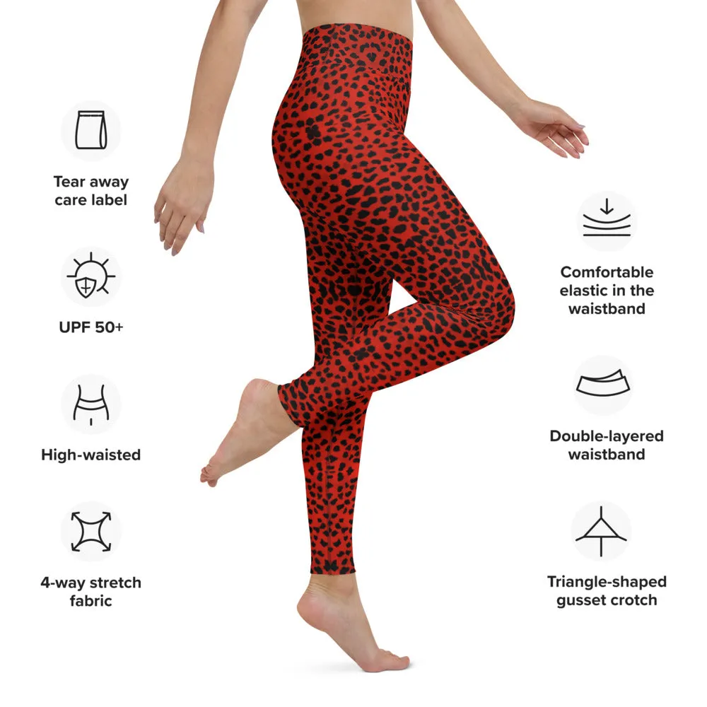 Red Cheetah Print Yoga Leggings, Leopard Animal Print Long Women's Gym Tights-Made in USA/EU/MX