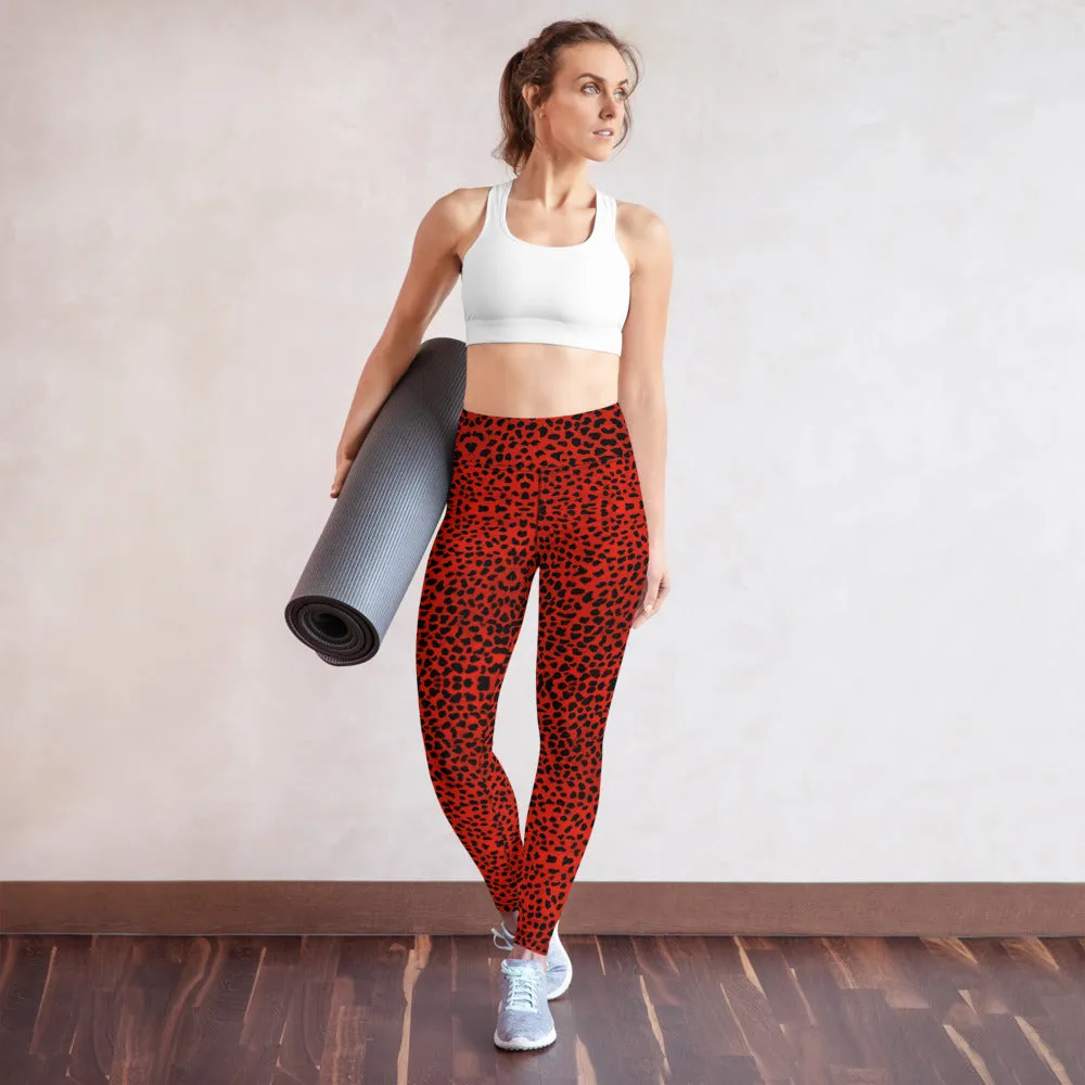 Red Cheetah Print Yoga Leggings, Leopard Animal Print Long Women's Gym Tights-Made in USA/EU/MX
