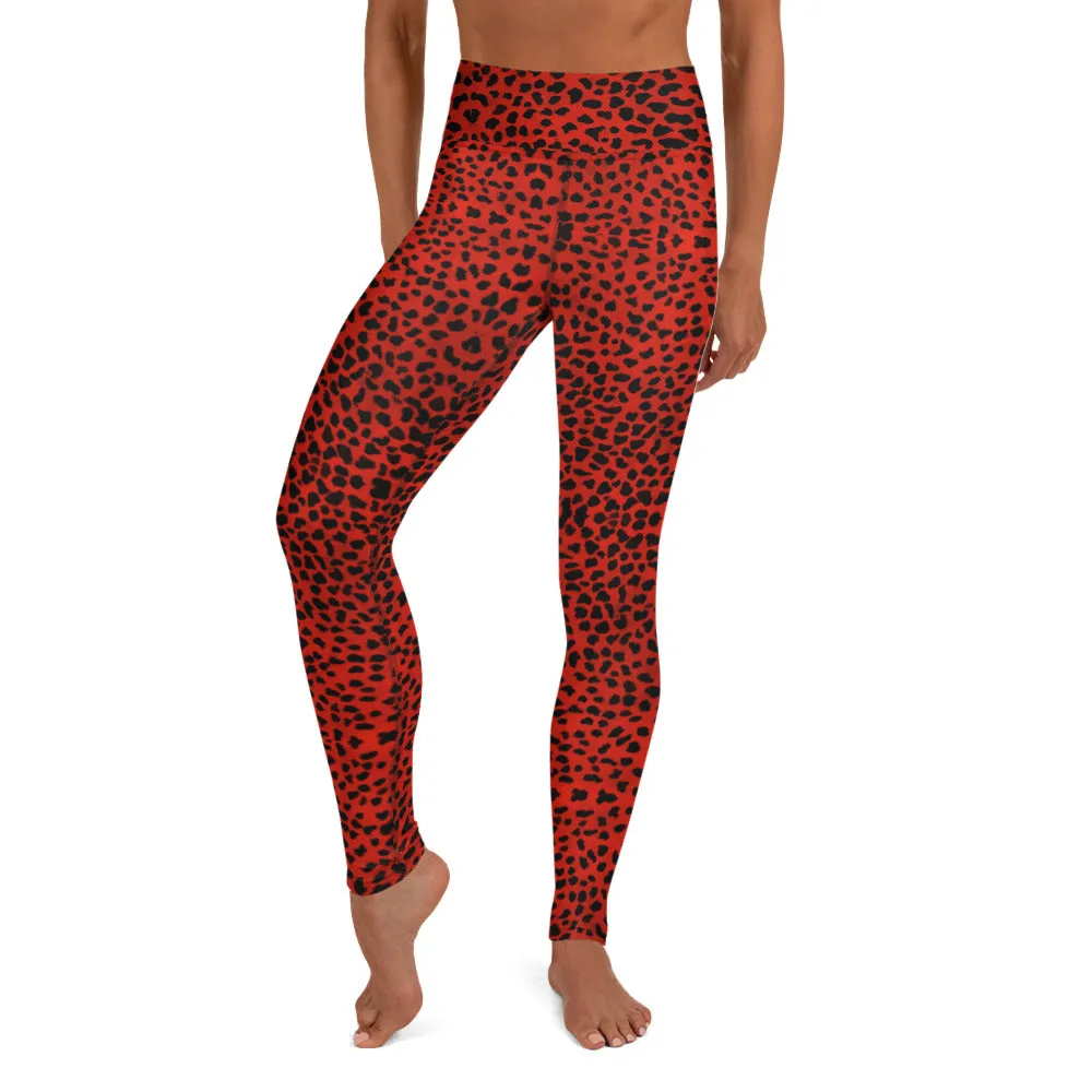 Red Cheetah Print Yoga Leggings, Leopard Animal Print Long Women's Gym Tights-Made in USA/EU/MX