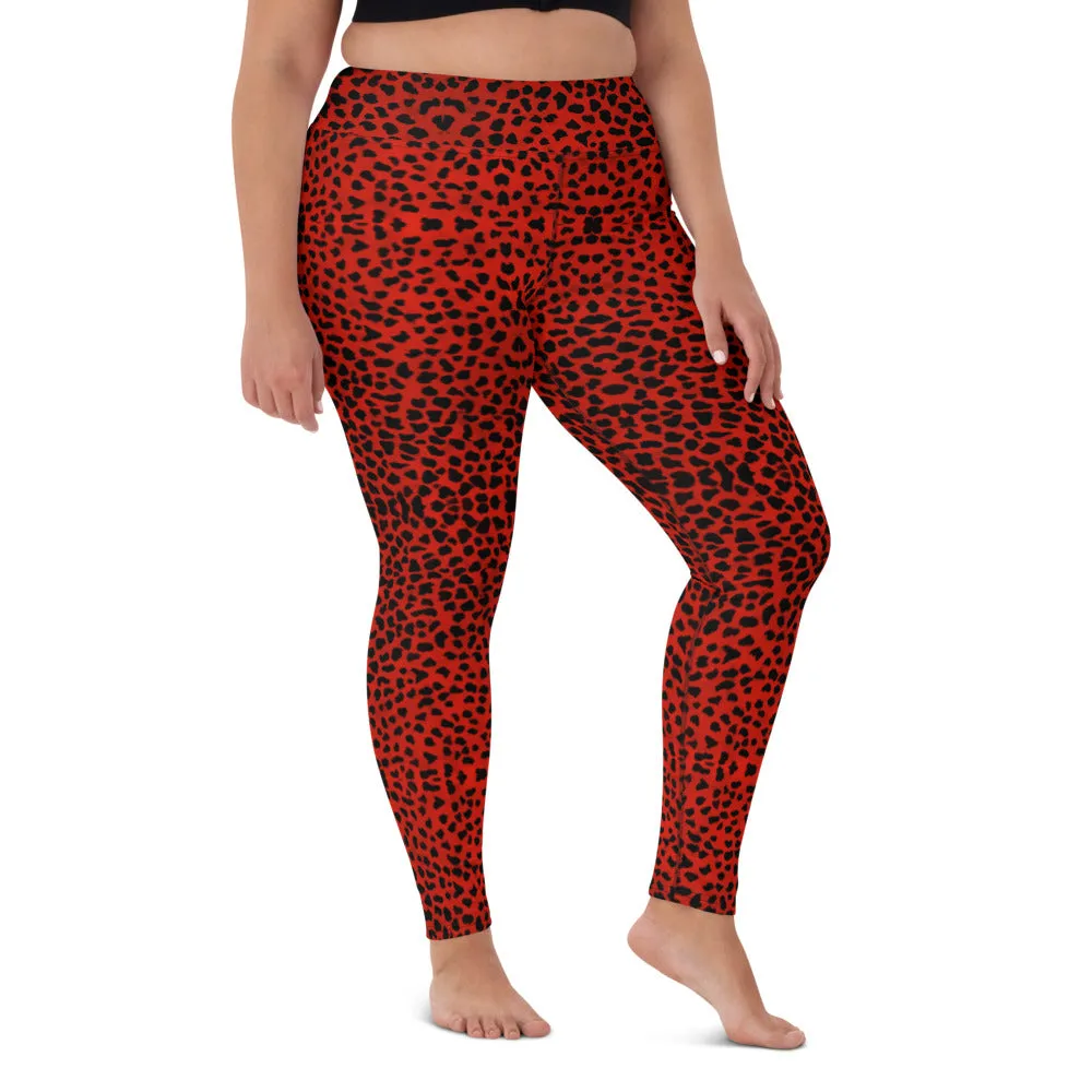 Red Cheetah Print Yoga Leggings, Leopard Animal Print Long Women's Gym Tights-Made in USA/EU/MX