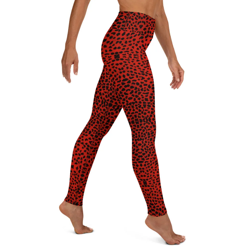 Red Cheetah Print Yoga Leggings, Leopard Animal Print Long Women's Gym Tights-Made in USA/EU/MX