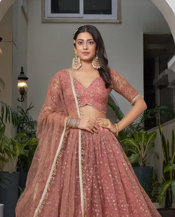 Rust Butterfly Net Embroidery Lehenga Set