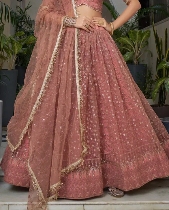Rust Butterfly Net Embroidery Lehenga Set