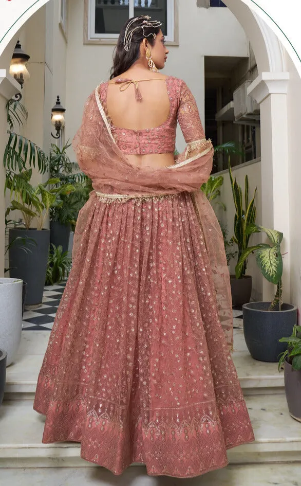 Rust Butterfly Net Embroidery Lehenga Set