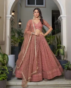 Rust Butterfly Net Embroidery Lehenga Set