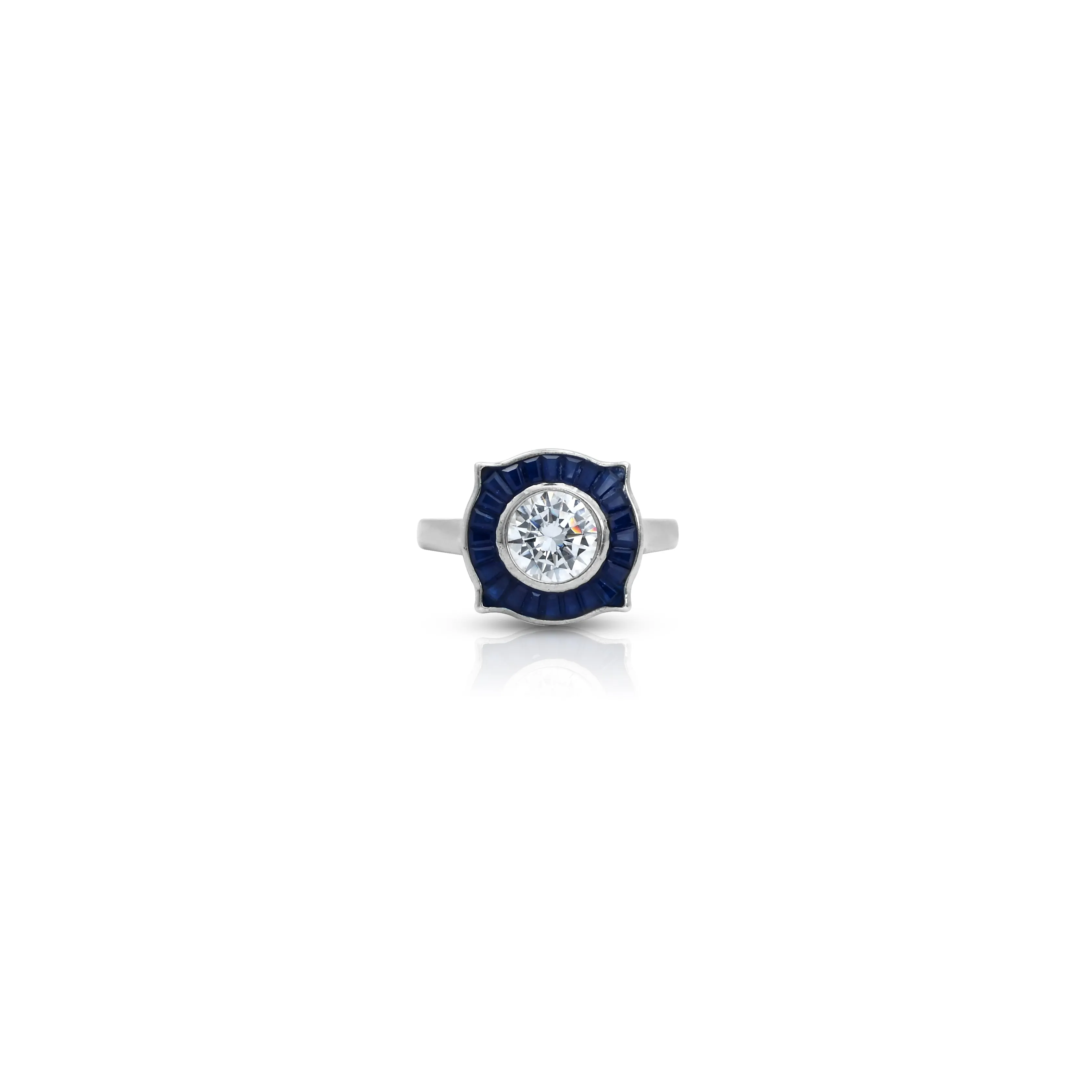 Silver Ring with Blue Stone Border and White Center Gem.