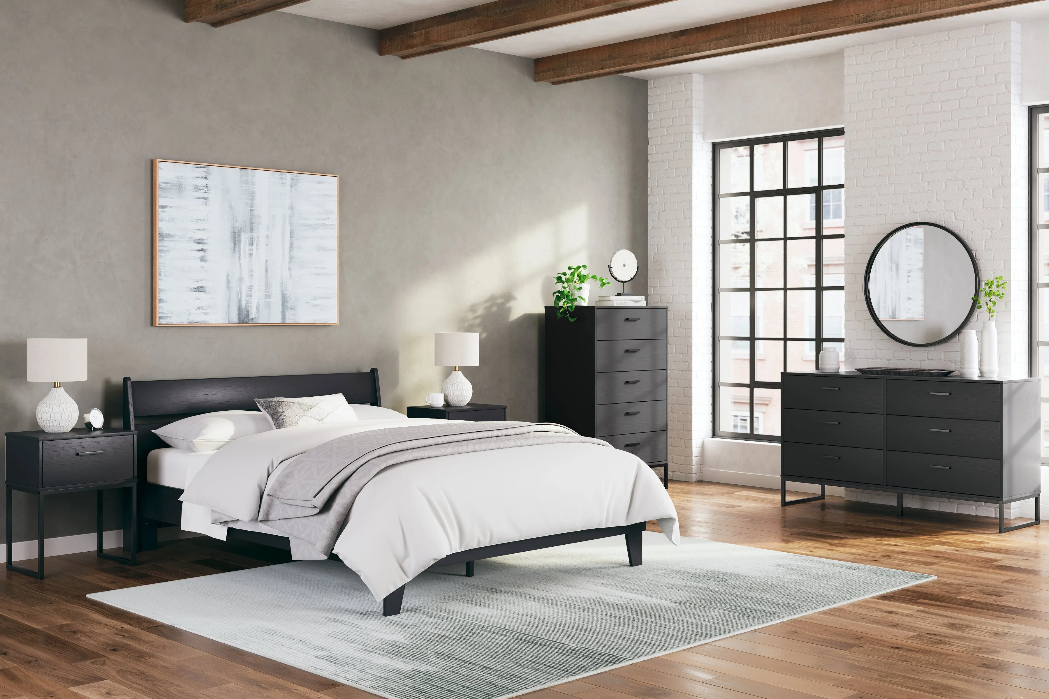 Socalle Queen Panel Platform Bed with Dresser, Chest and Nightstand in Black