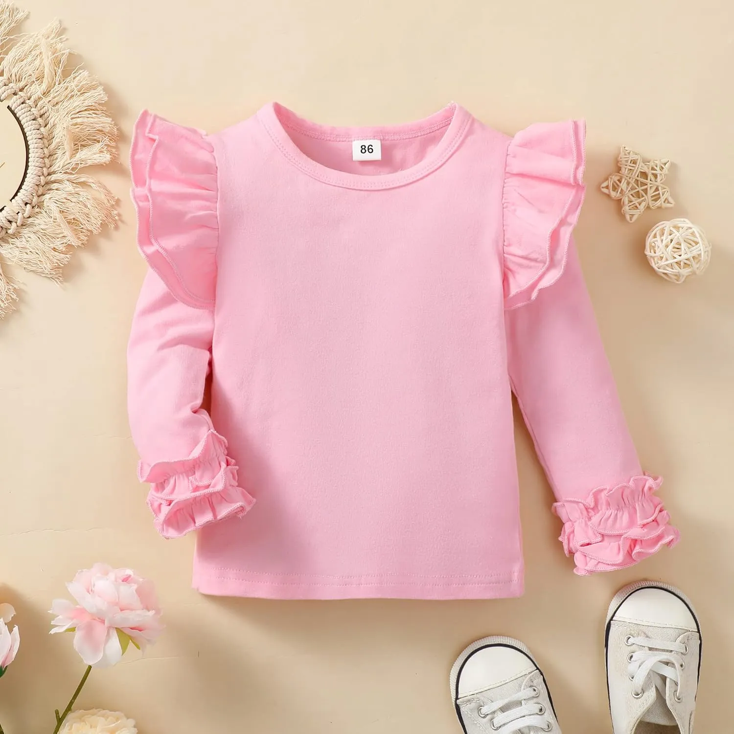 Toddler Baby Girl Solid Color T-Shirt Kids Blouse Plain Ruffle Sleeve Top Cotton Casual Clothes