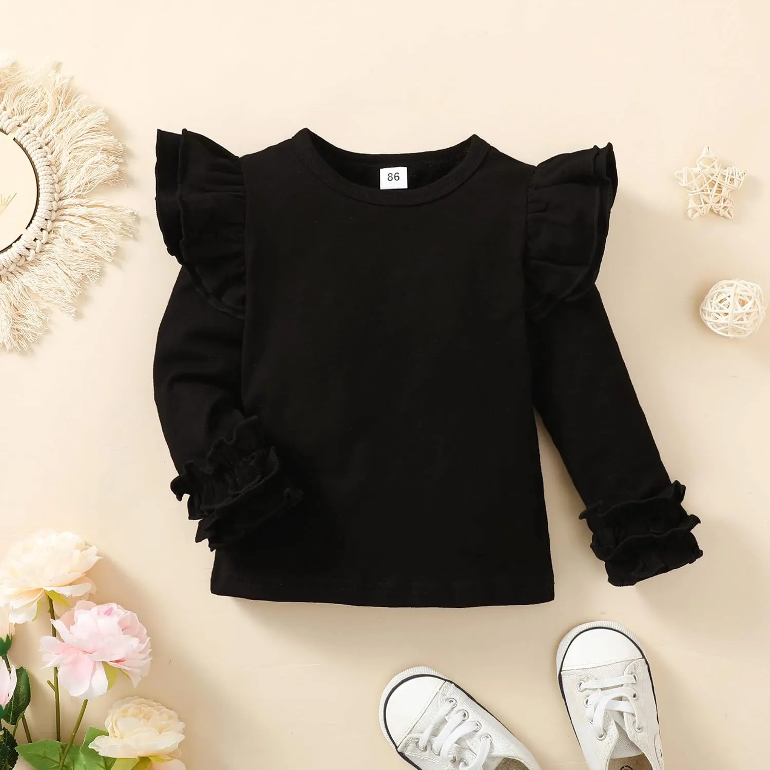 Toddler Baby Girl Solid Color T-Shirt Kids Blouse Plain Ruffle Sleeve Top Cotton Casual Clothes