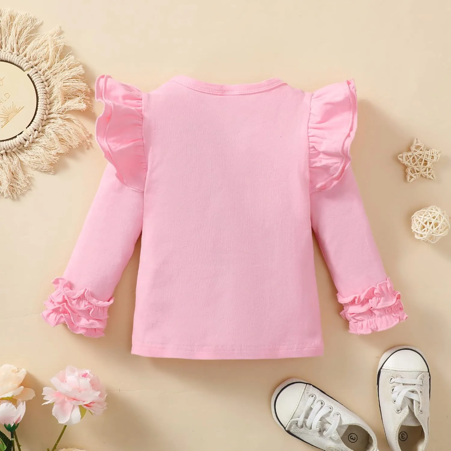 Toddler Baby Girl Solid Color T-Shirt Kids Blouse Plain Ruffle Sleeve Top Cotton Casual Clothes