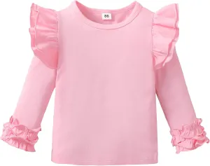 Toddler Baby Girl Solid Color T-Shirt Kids Blouse Plain Ruffle Sleeve Top Cotton Casual Clothes
