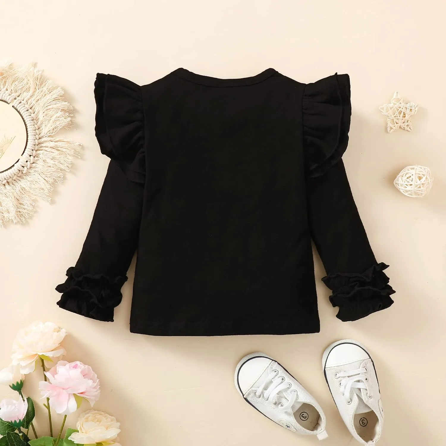 Toddler Baby Girl Solid Color T-Shirt Kids Blouse Plain Ruffle Sleeve Top Cotton Casual Clothes