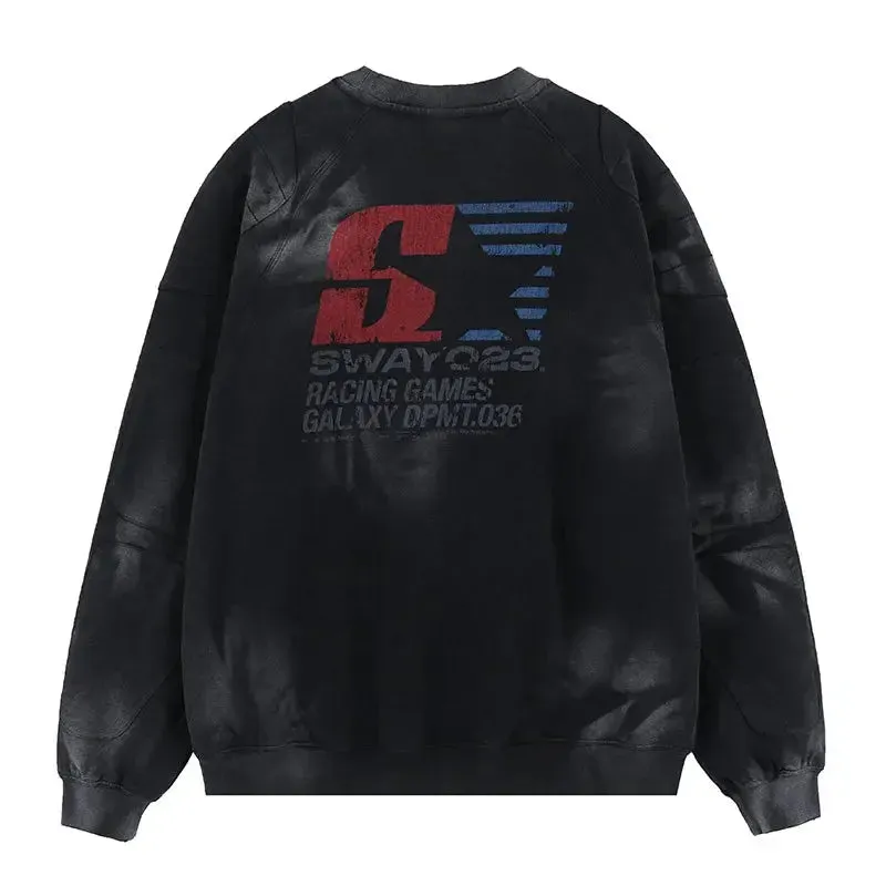 Vintage Retro Washed Printed Padded Sweater