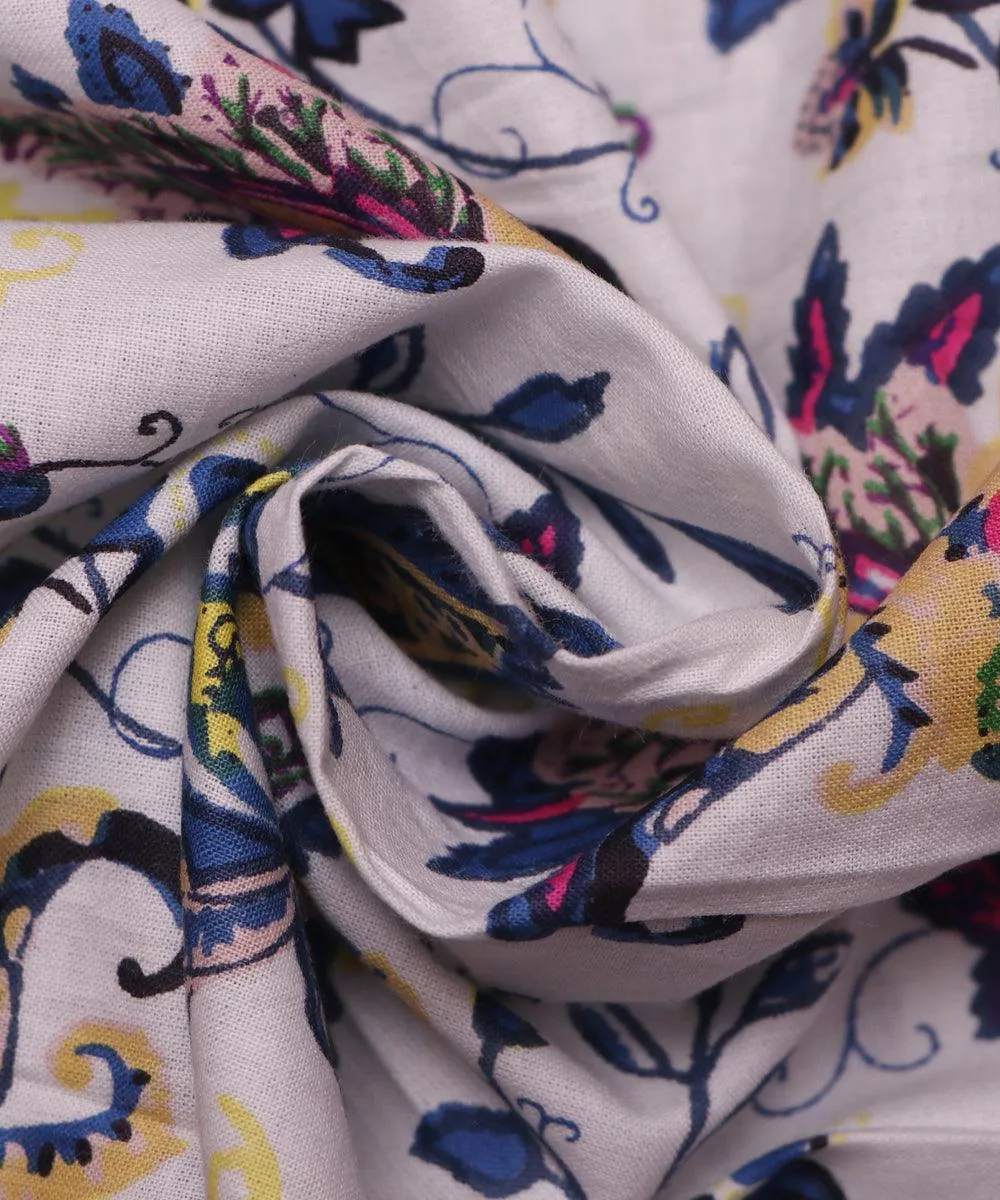 White Colour Floral Print Cotton Fabric