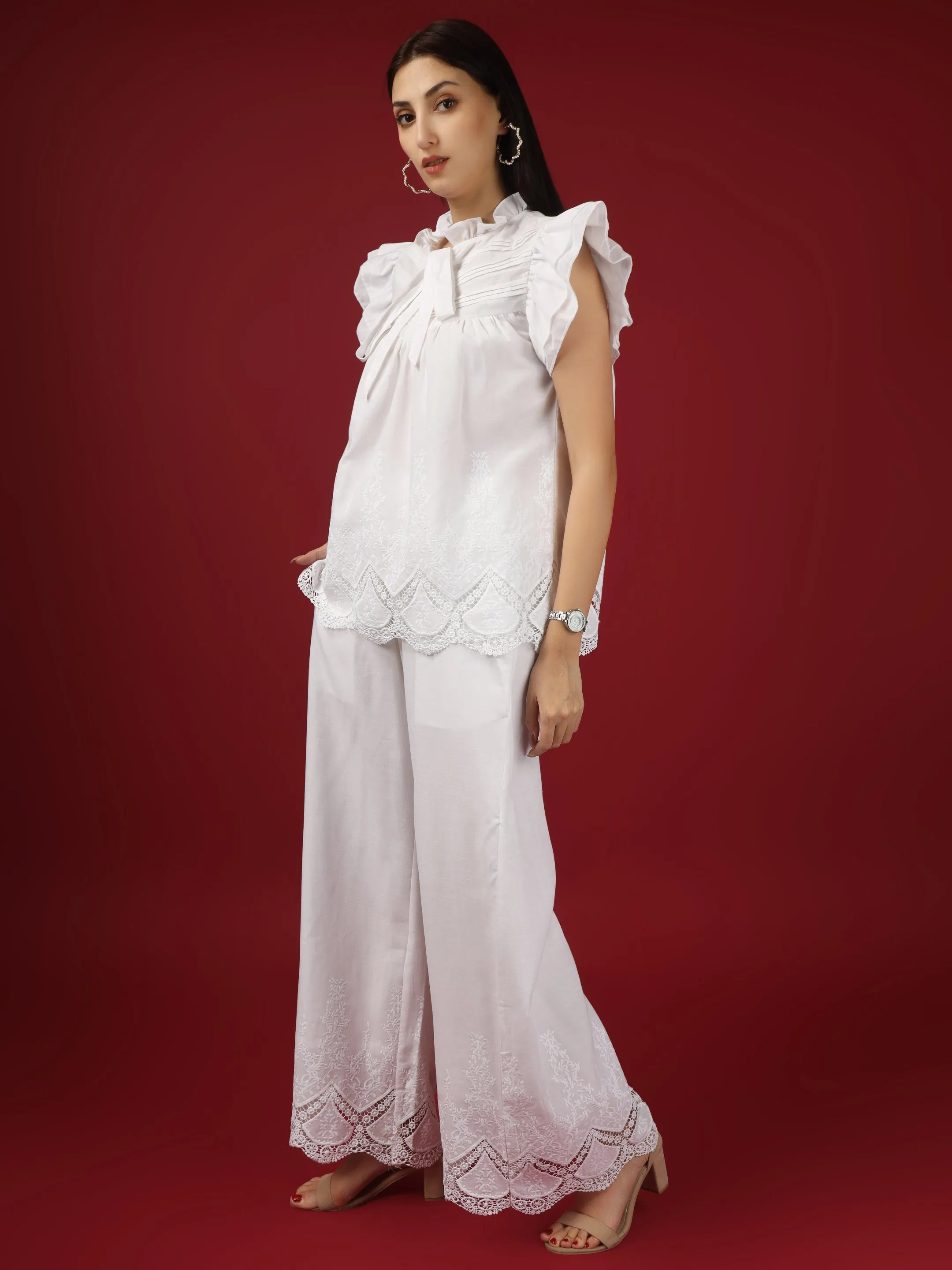 White Embroidered Cotton Top with Palazzo - Set of 2