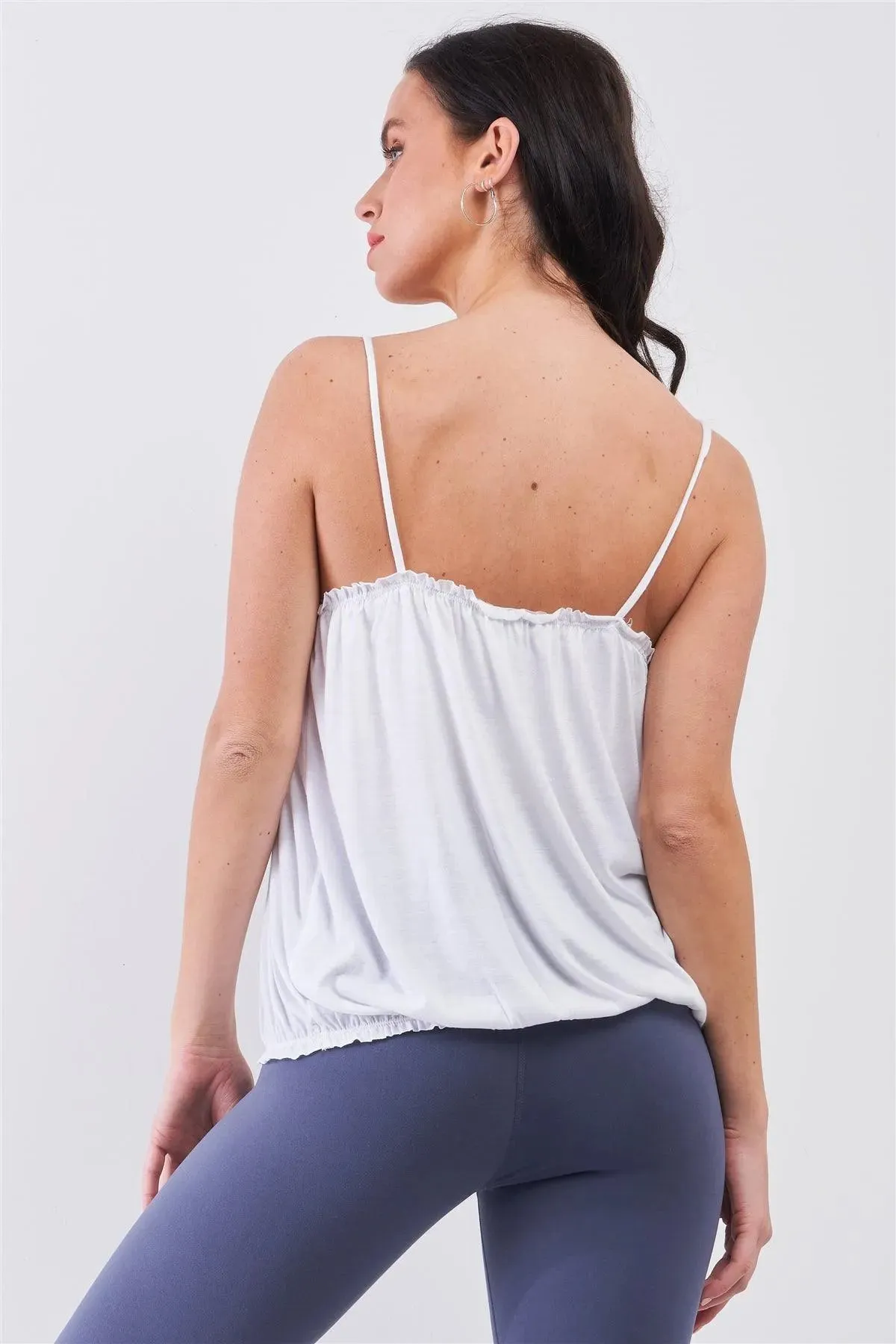 White Sleeveless Frill Trim Round Neck Relaxed Cami Top /1-3-2-1