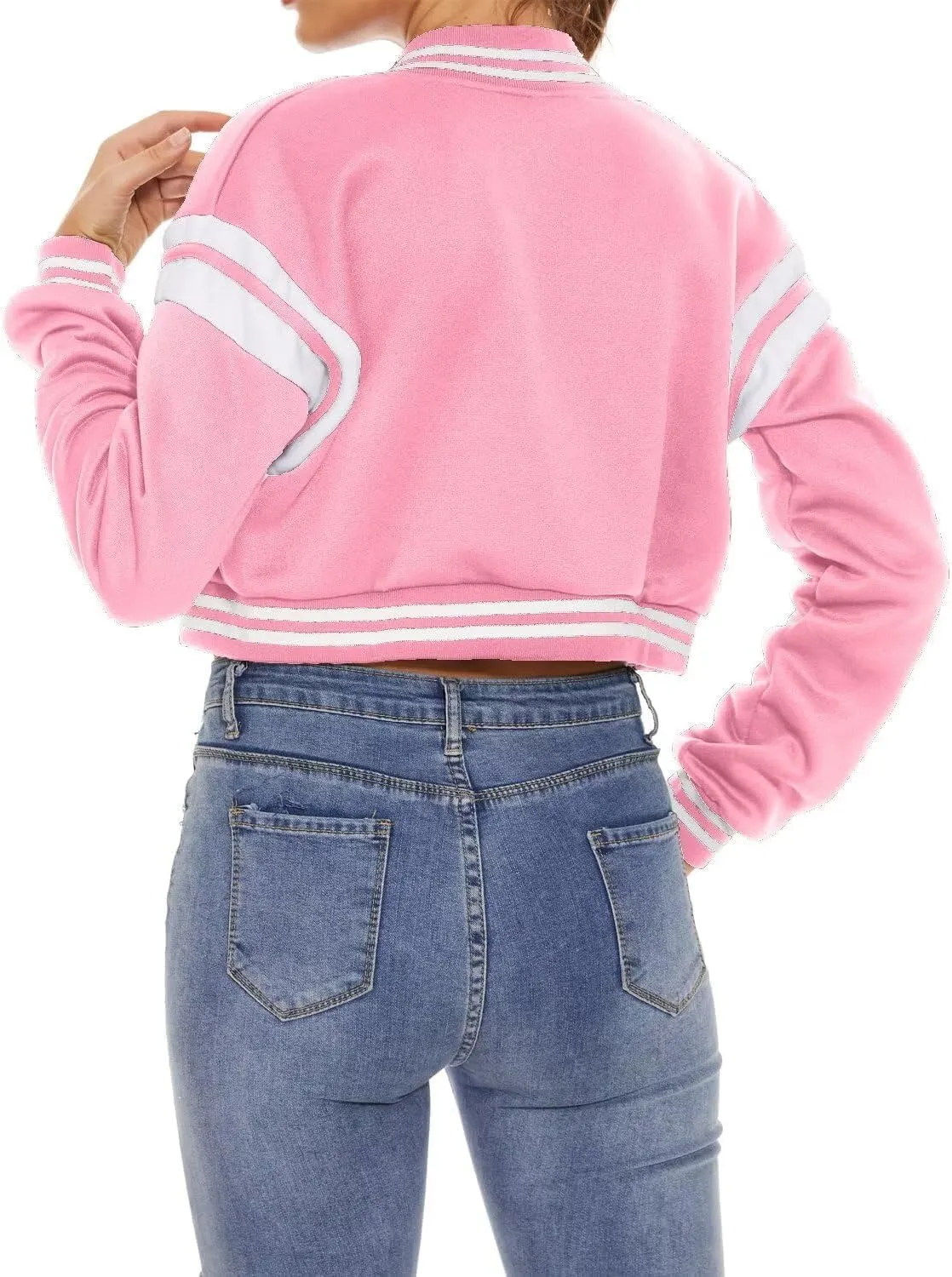 Women's Baseball Jacket Crop Coat Varsity Style Lightweight Sportswear School Uniform with Snap Button for Girls