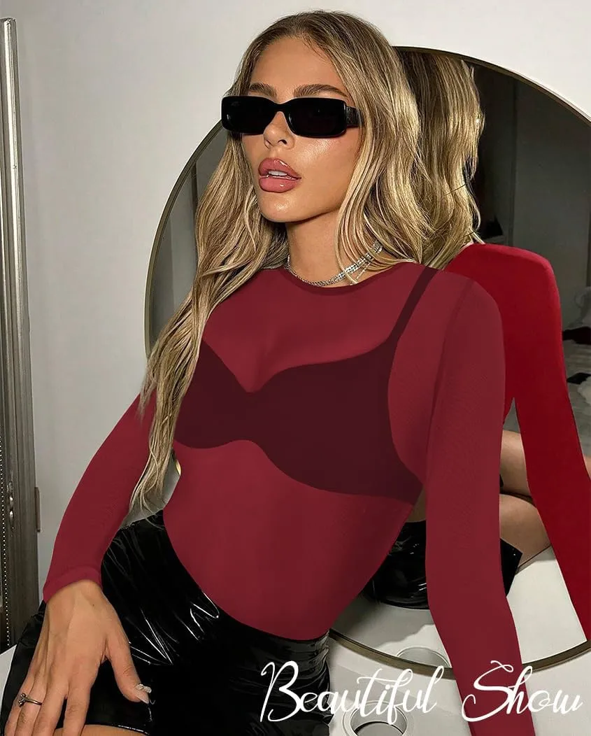 Women's Mesh Tops See Through Shirts Long Sleeve Bodycon Sheer Blouse Clubwear