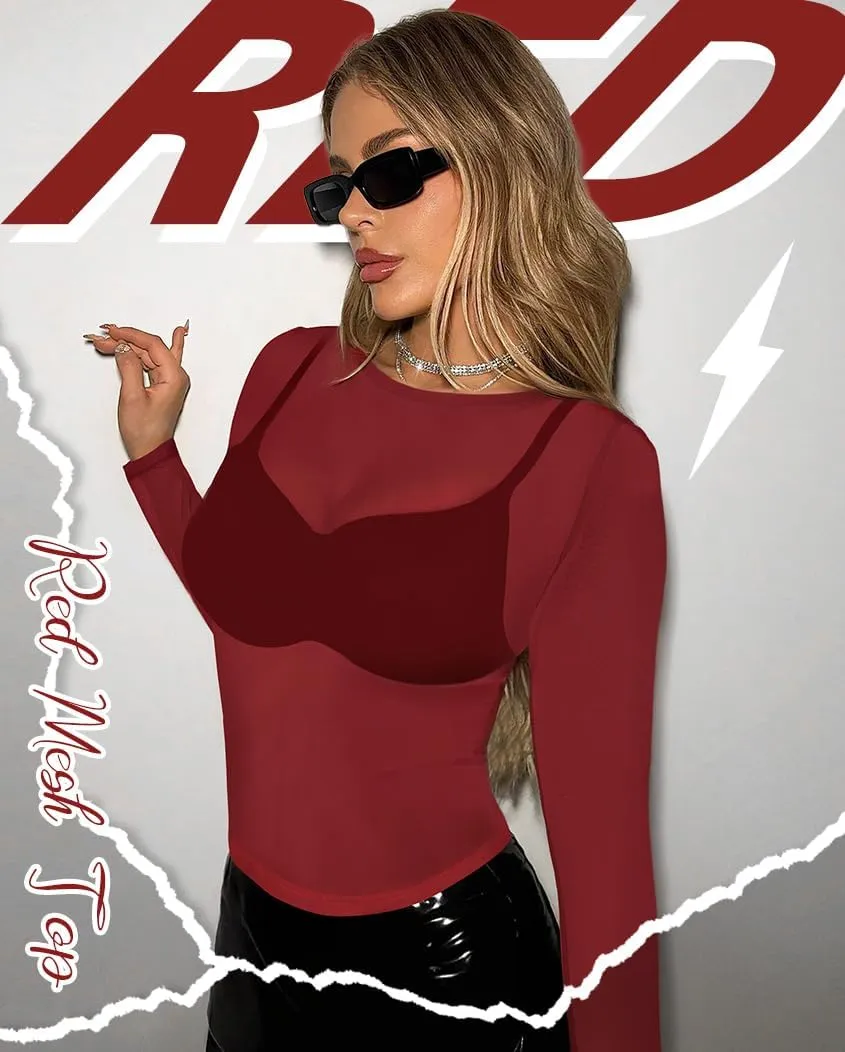 Women's Mesh Tops See Through Shirts Long Sleeve Bodycon Sheer Blouse Clubwear