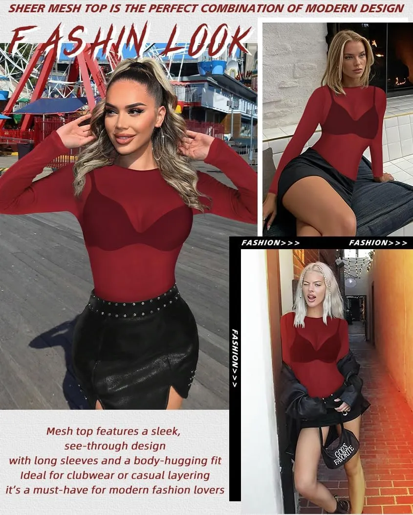 Women's Mesh Tops See Through Shirts Long Sleeve Bodycon Sheer Blouse Clubwear
