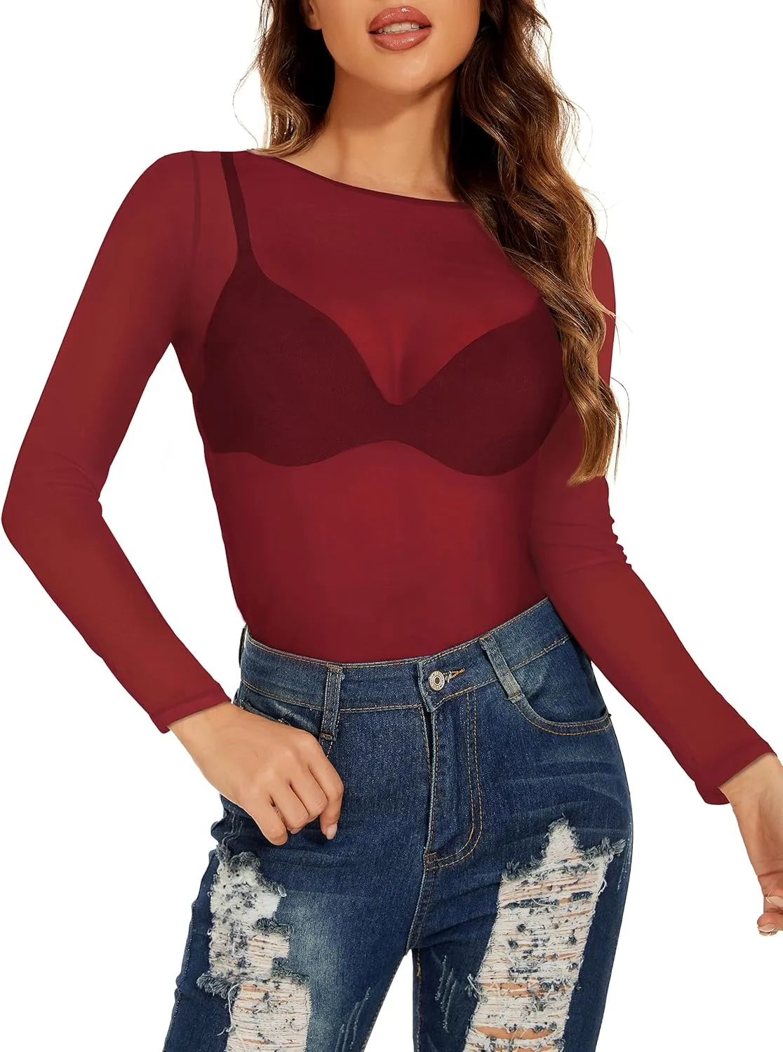 Women's Mesh Tops See Through Shirts Long Sleeve Bodycon Sheer Blouse Clubwear