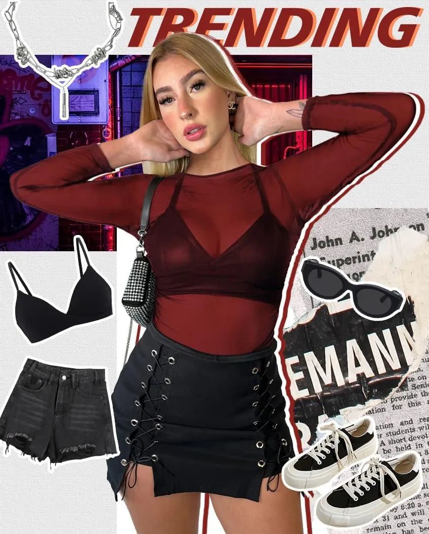 Women's Mesh Tops See Through Shirts Long Sleeve Bodycon Sheer Blouse Clubwear