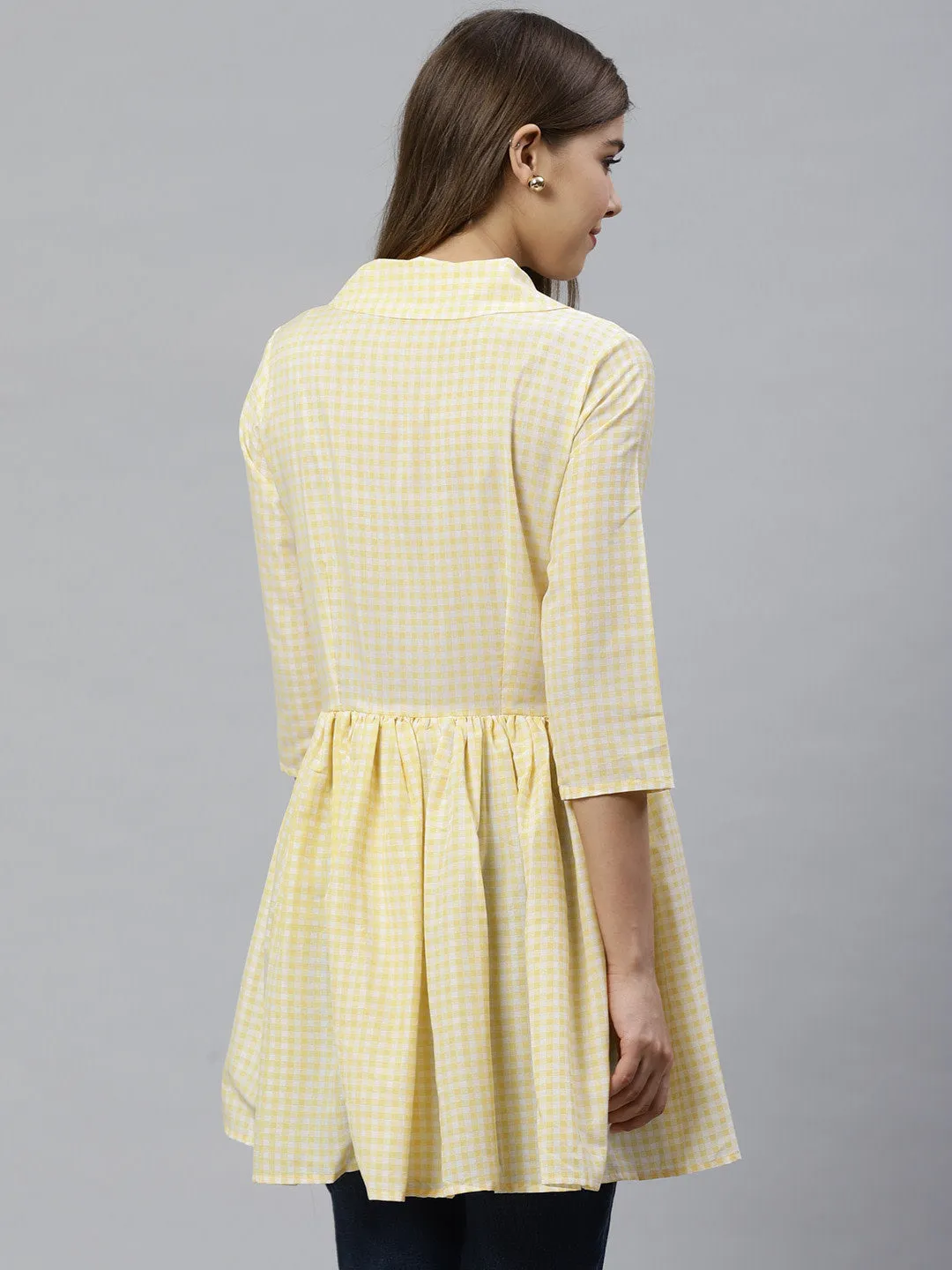 Yellow & White Checked Waist Tie-Up Tunic