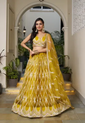 Yellow Butterfly Net Lehenga with White Embroidery