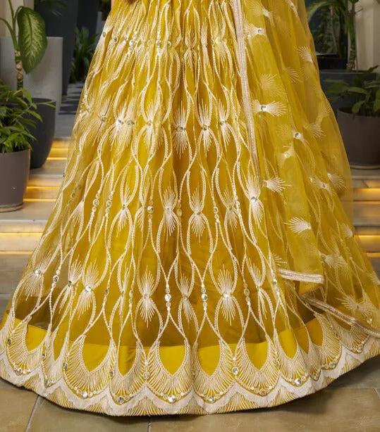 Yellow Butterfly Net Lehenga with White Embroidery